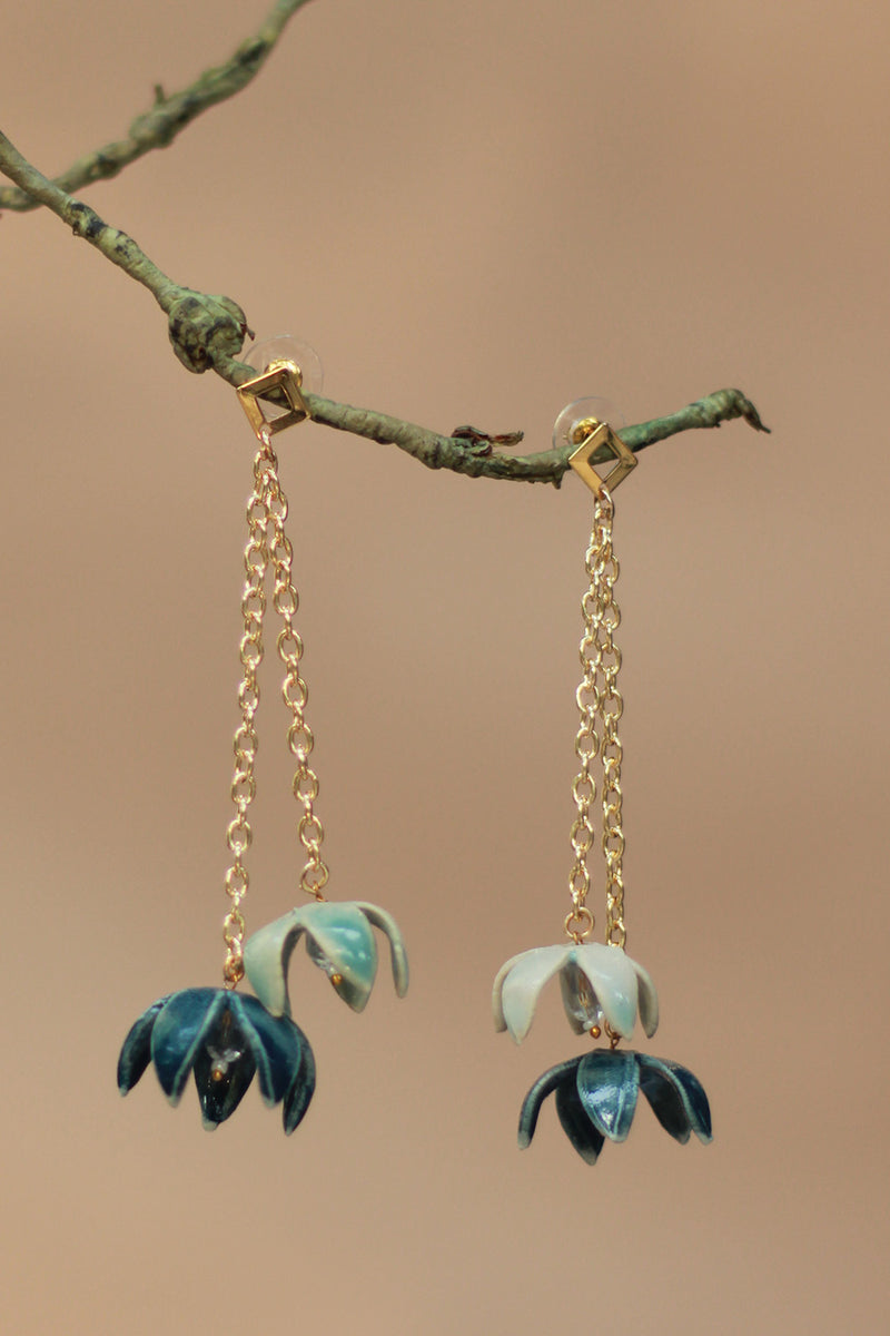 Sadhvi | Ceramic Double Bellflower Earrings | Sage Green & Teal