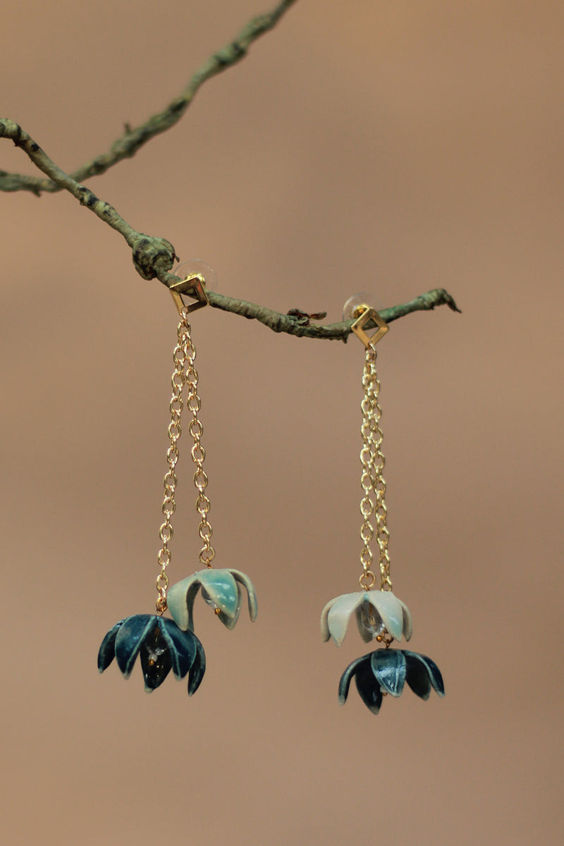 Sadhvi | Ceramic Double Bellflower Earrings | Sage Green & Teal