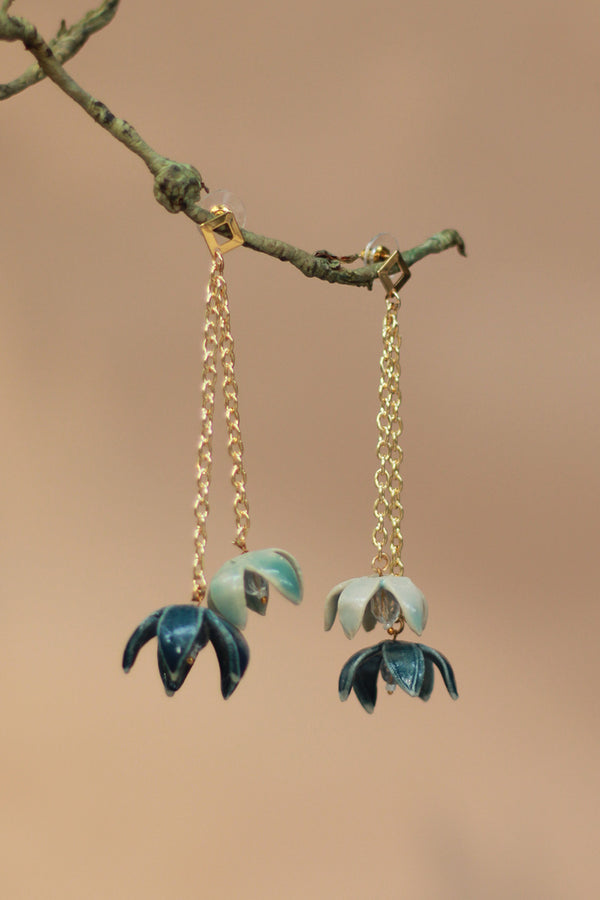 Sadhvi | Ceramic Double Bellflower Earrings | Sage Green & Teal