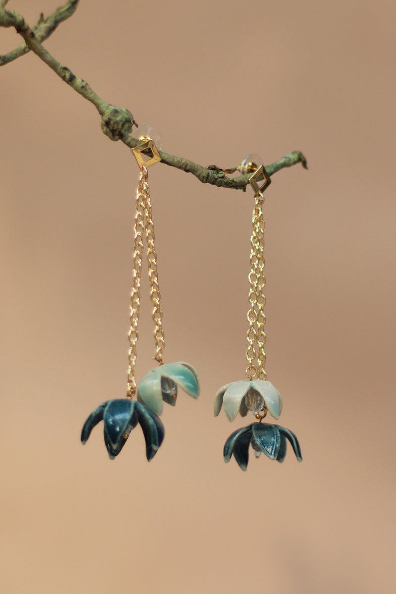 Sadhvi | Ceramic Double Bellflower Earrings | Sage Green & Teal