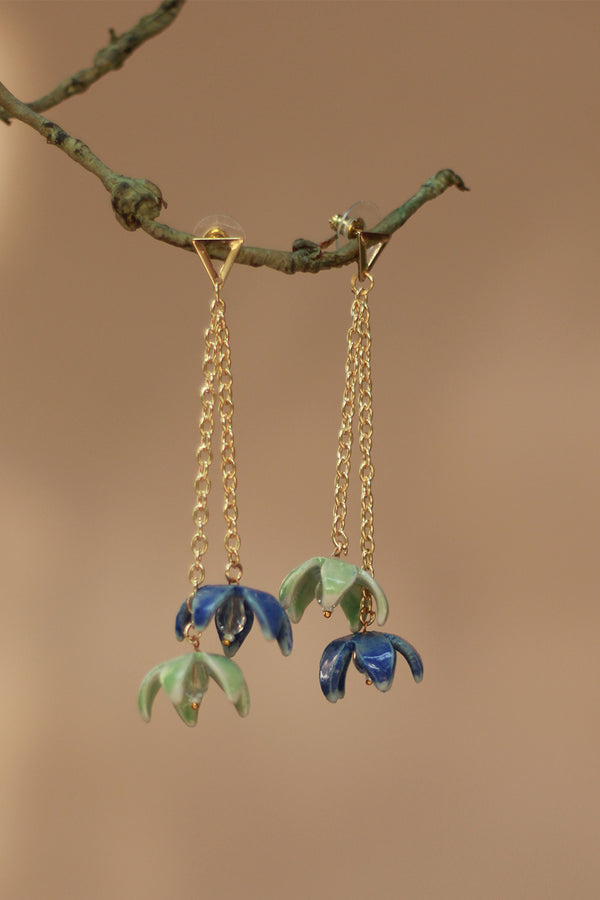 Sadhvi | Ceramic Double Bellflower Earrings | Sage Green & Blue