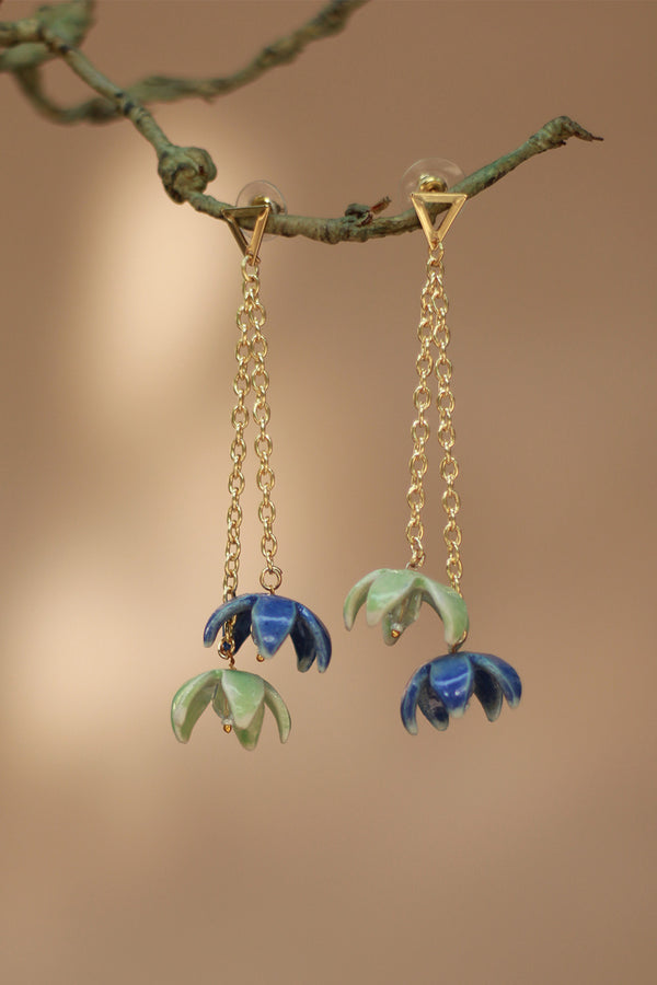 Sadhvi | Ceramic Double Bellflower Earrings | Sage Green & Blue