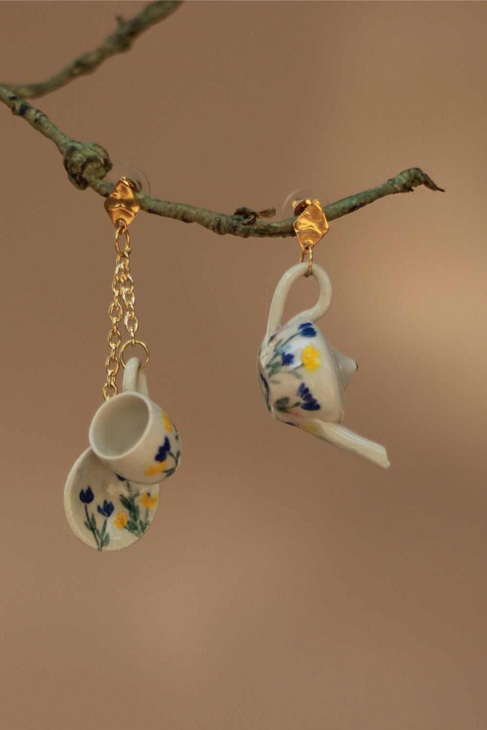 Sadhvi | Ceramic Tea Set Earrings | Yellow Flowers