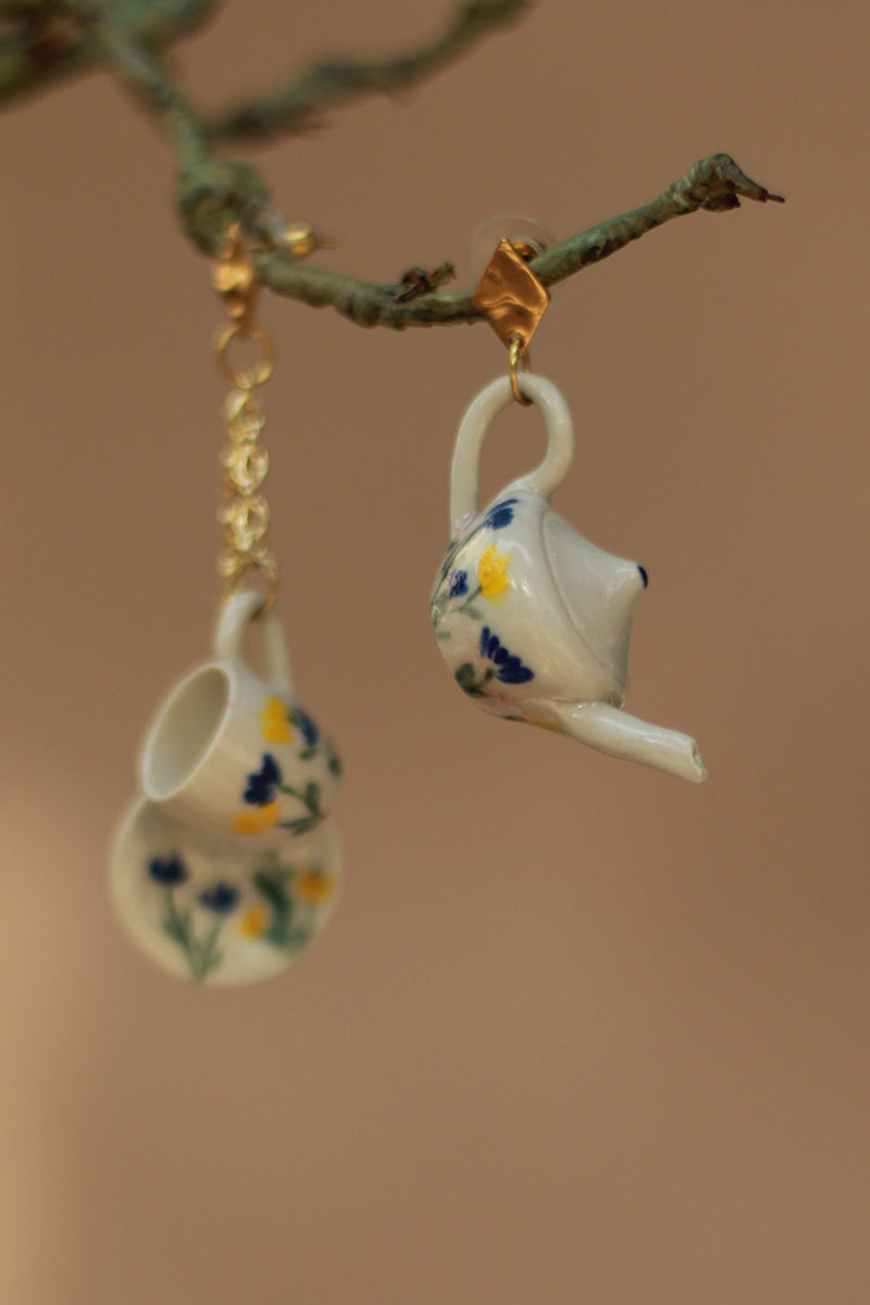 Sadhvi | Ceramic Tea Set Earrings | Yellow Flowers