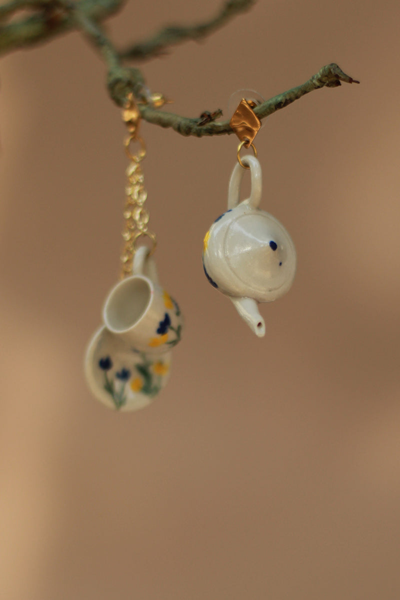 Sadhvi | Ceramic Tea Set Earrings | Yellow Flowers