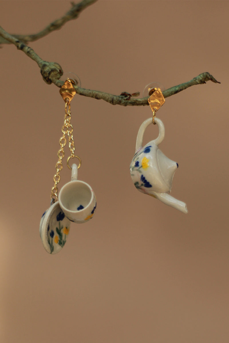 Sadhvi | Ceramic Tea Set Earrings | Yellow Flowers