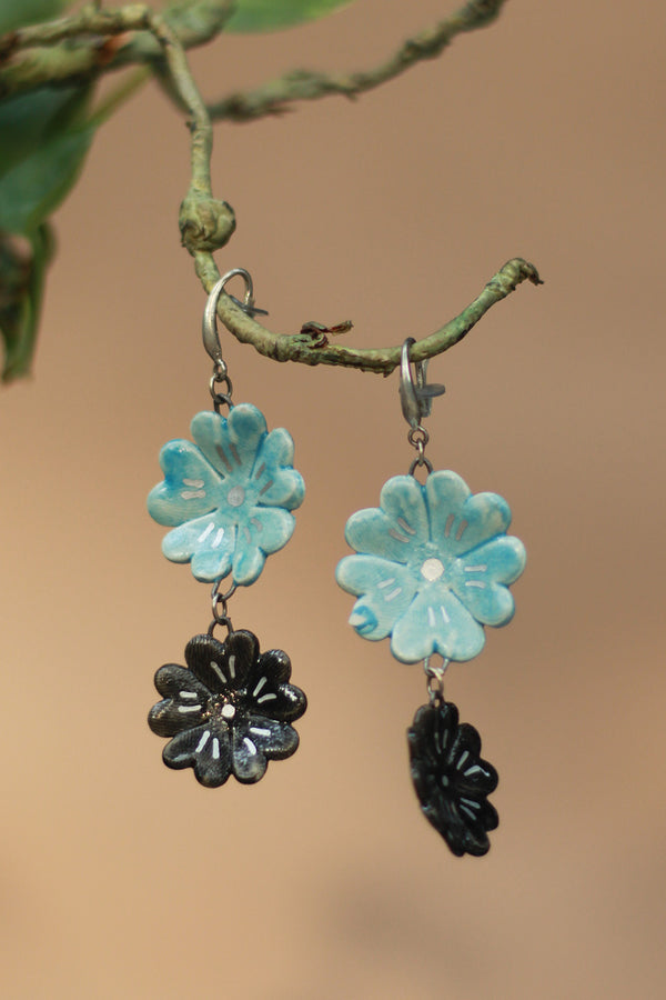 Sadhvi | Ceramic Double Flower Earrings | Light Blue & Teal