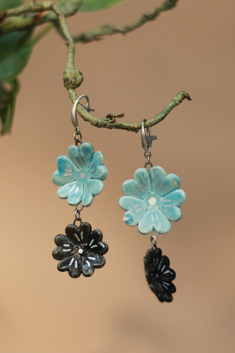 Sadhvi | Ceramic Double Flower Earrings | Light Blue & Teal