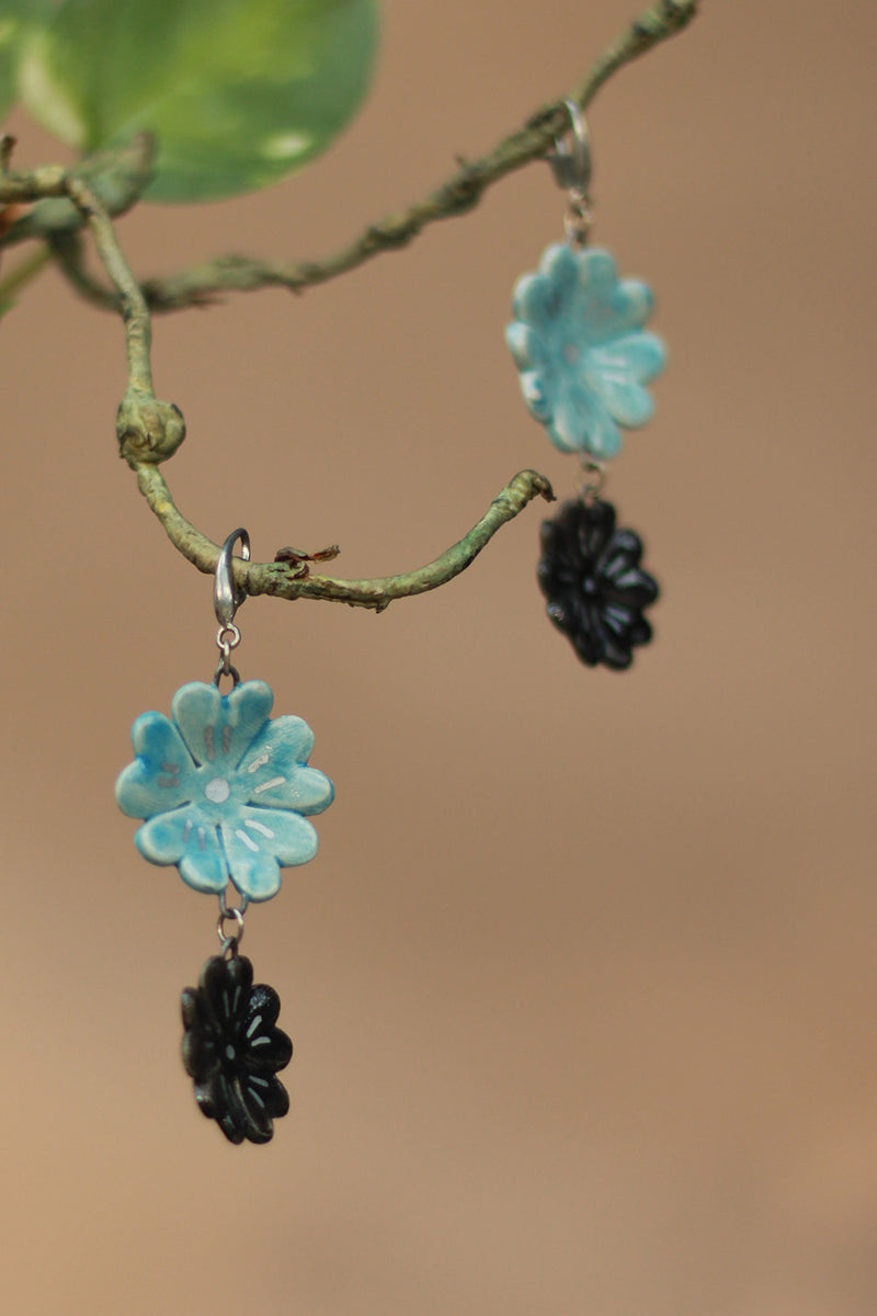 Sadhvi | Ceramic Double Flower Earrings | Light Blue & Teal