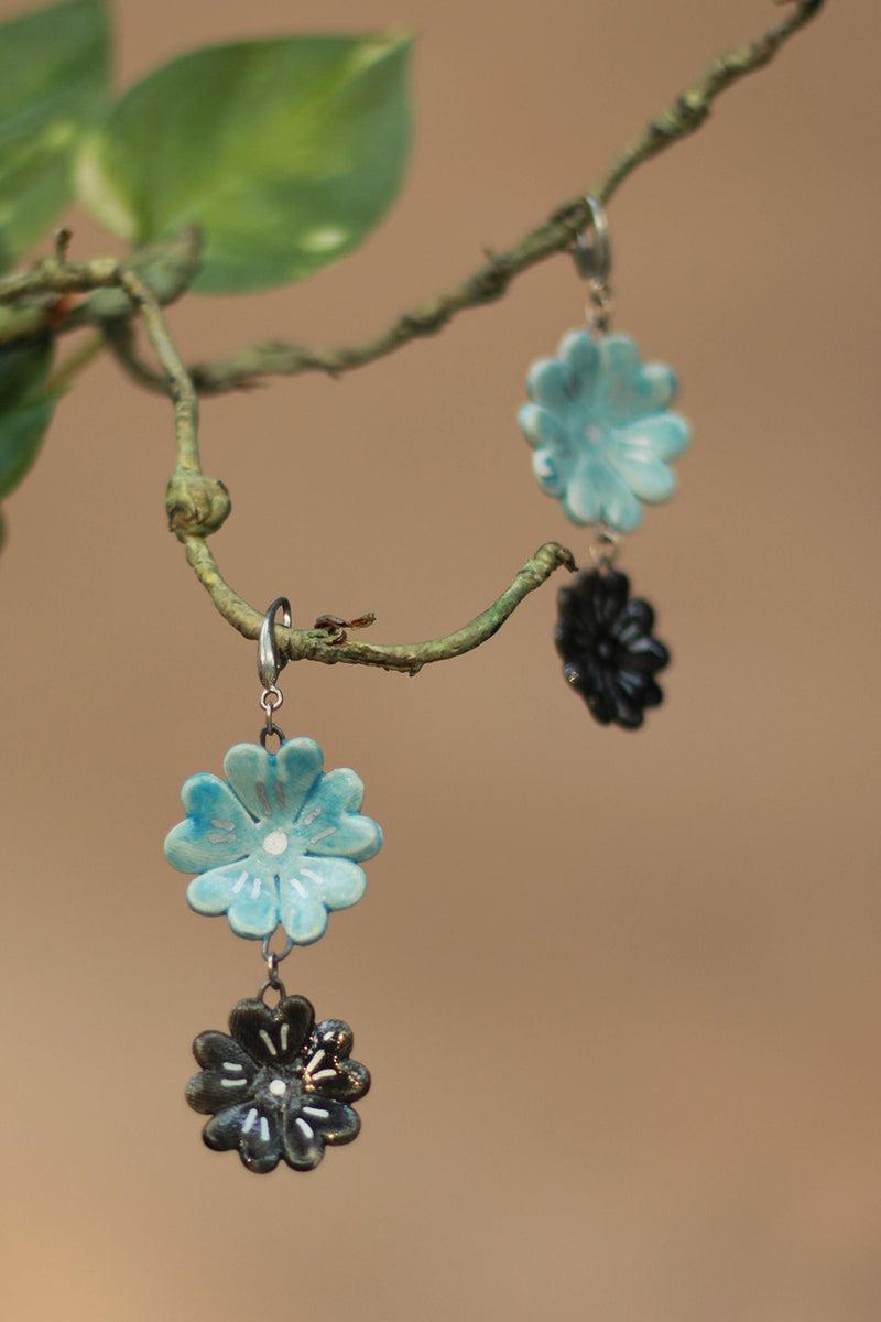 Sadhvi | Ceramic Double Flower Earrings | Light Blue & Teal