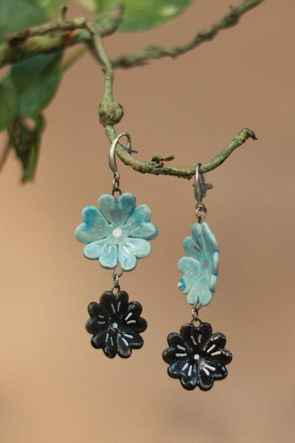 Sadhvi | Ceramic Double Flower Earrings | Light Blue & Teal
