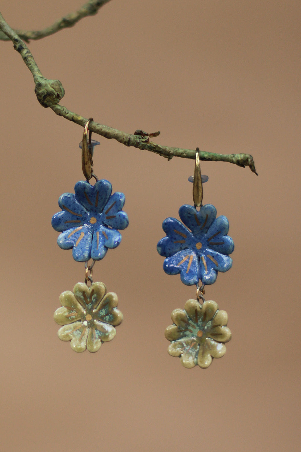 Sadhvi | Ceramic Double Flower Earrings | Blue & Green