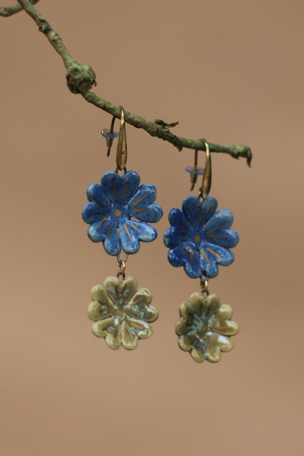 Sadhvi | Ceramic Double Flower Earrings | Blue & Green
