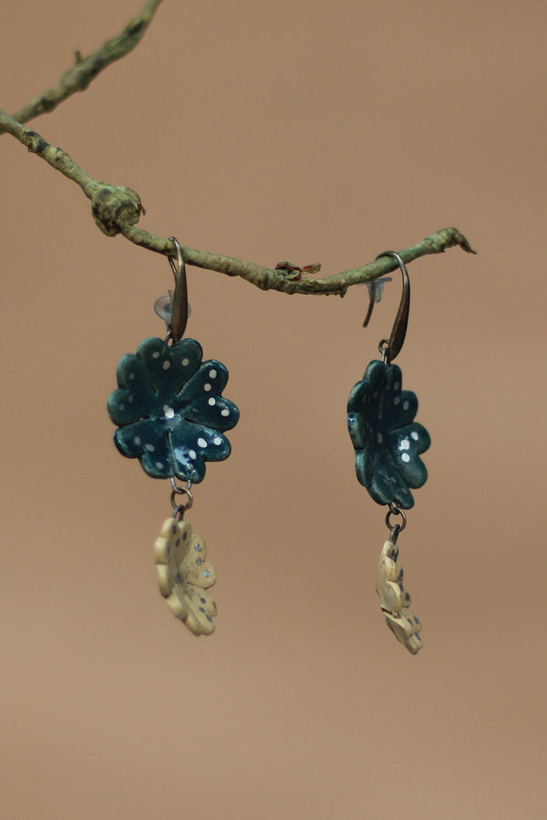 Sadhvi | Ceramic Double Flower Earrings | Teal & Ivory