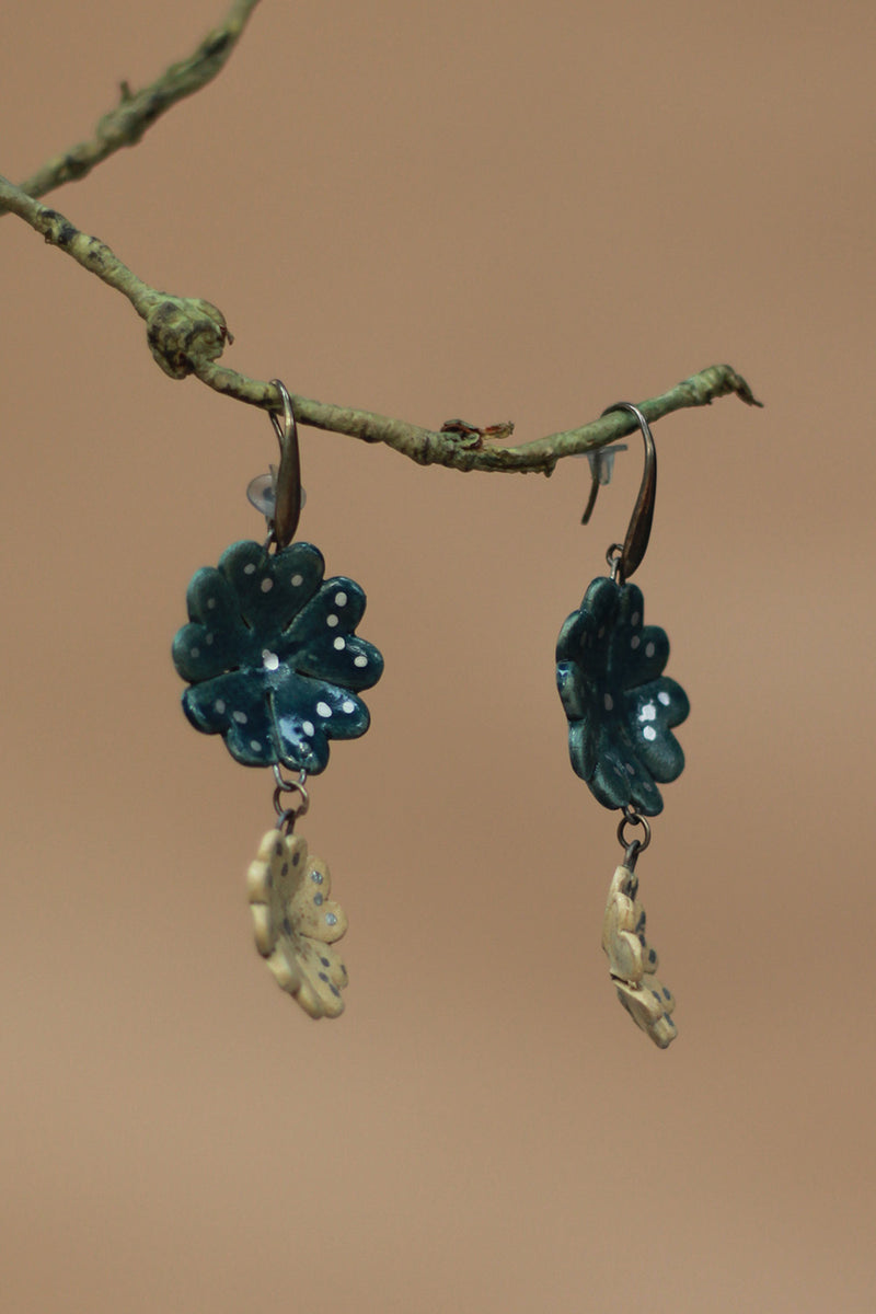 Sadhvi | Ceramic Double Flower Earrings | Teal & Ivory