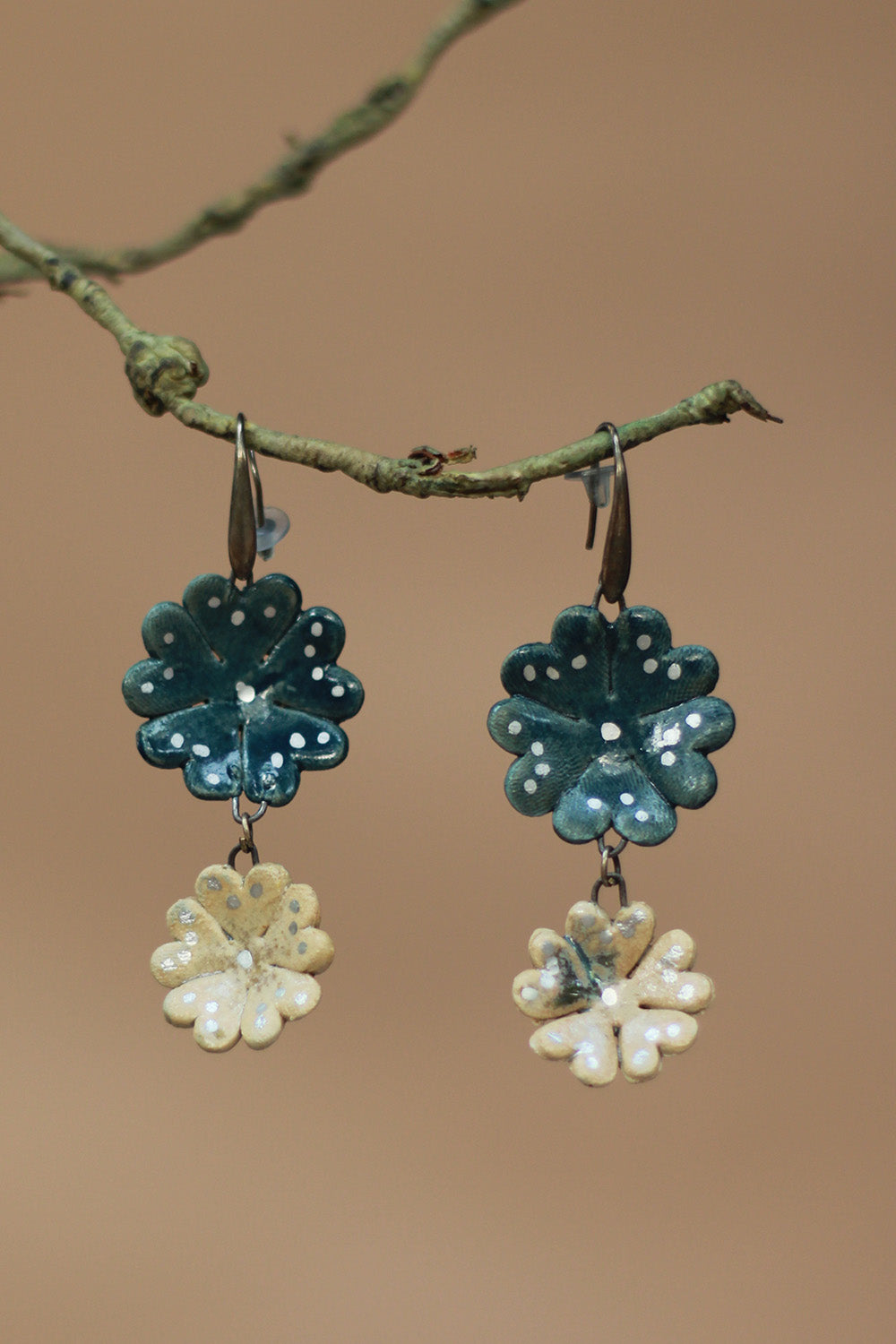 Sadhvi | Ceramic Double Flower Earrings | Teal & Ivory