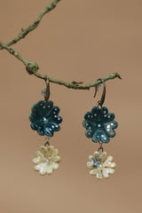 Sadhvi | Ceramic Double Flower Earrings | Teal & Ivory