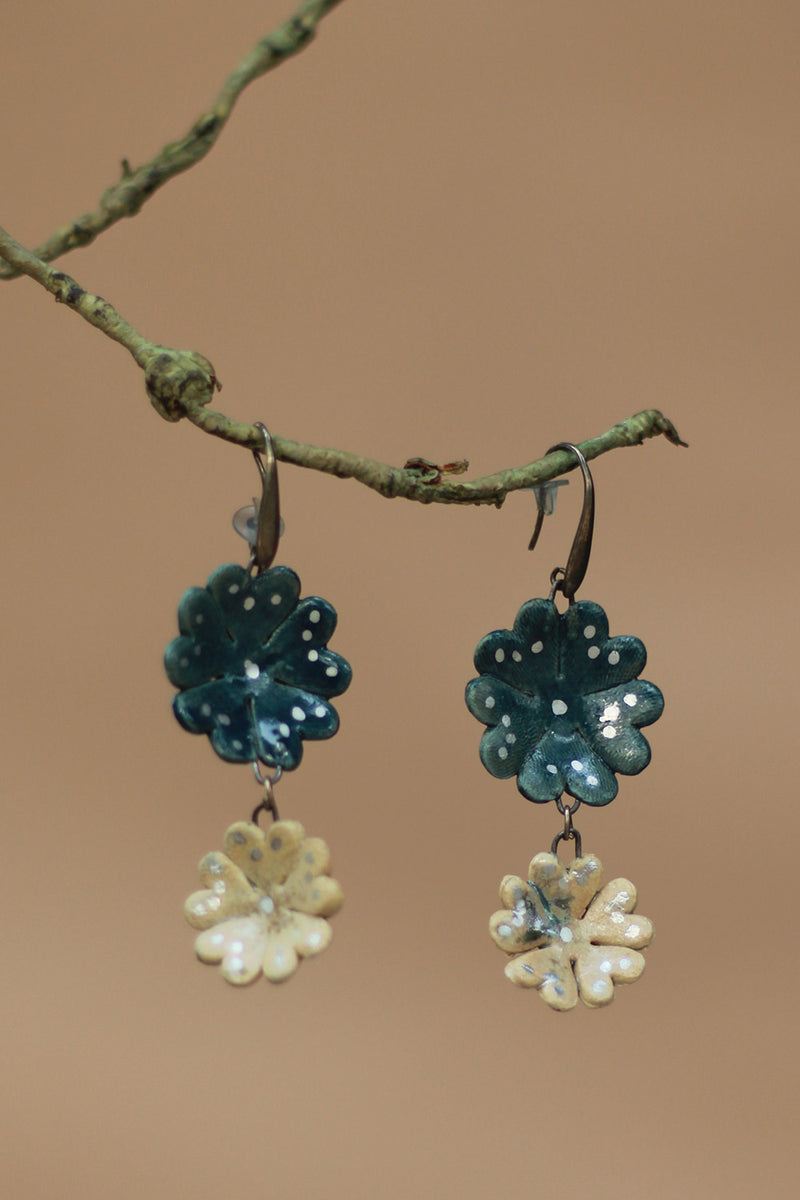 Sadhvi | Ceramic Double Flower Earrings | Teal & Ivory