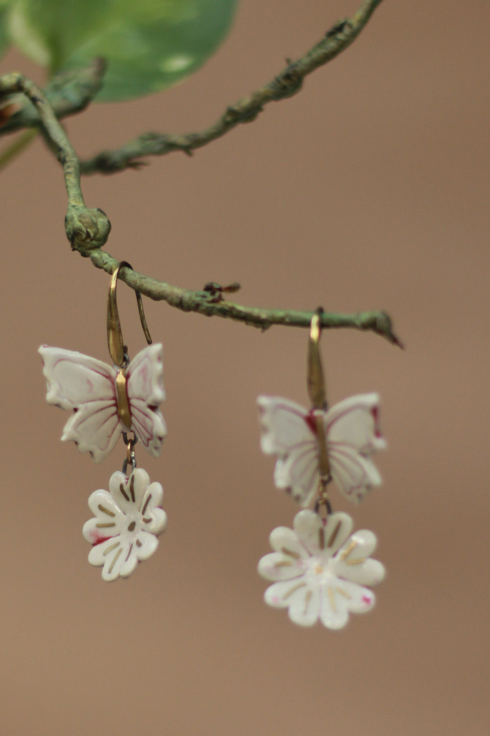 Sadhvi | Ceramic  Flower & Butterfly Earrings | Mauve