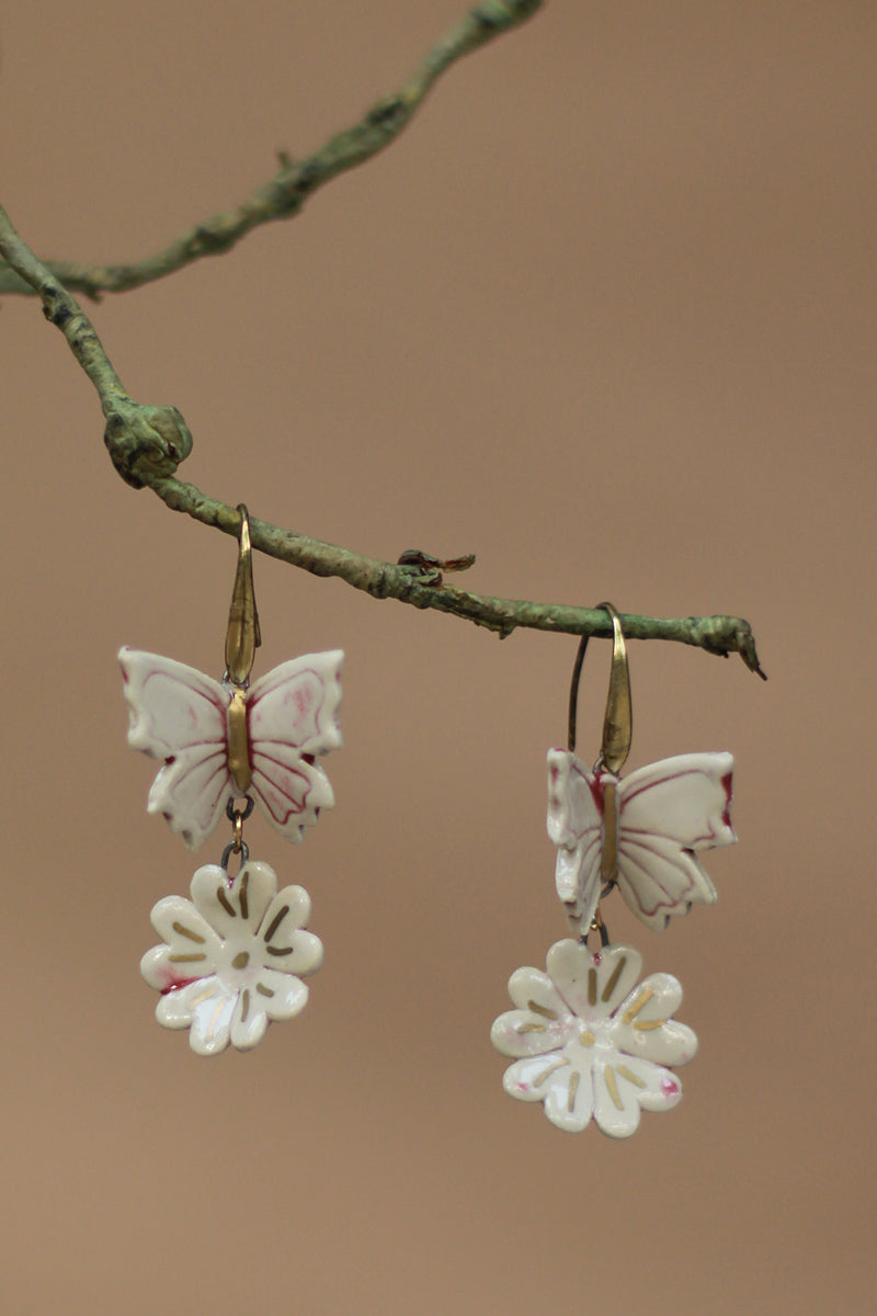 Sadhvi | Ceramic  Flower & Butterfly Earrings | Mauve