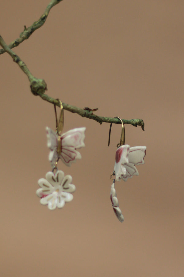 Sadhvi | Ceramic  Flower & Butterfly Earrings | Mauve