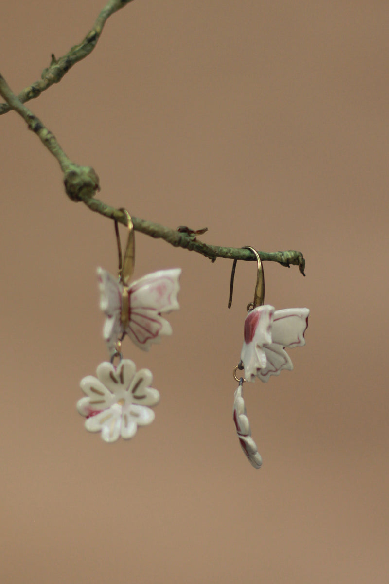 Sadhvi | Ceramic  Flower & Butterfly Earrings | Mauve