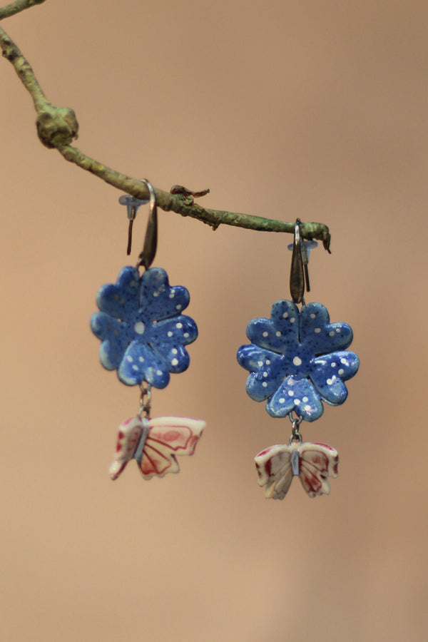 Sadhvi | Ceramic  Flower & Butterfly Earrings | Blue & Mauve