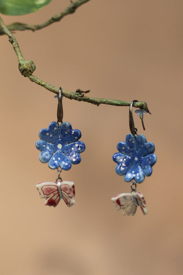 Sadhvi | Ceramic  Flower & Butterfly Earrings | Blue & Mauve