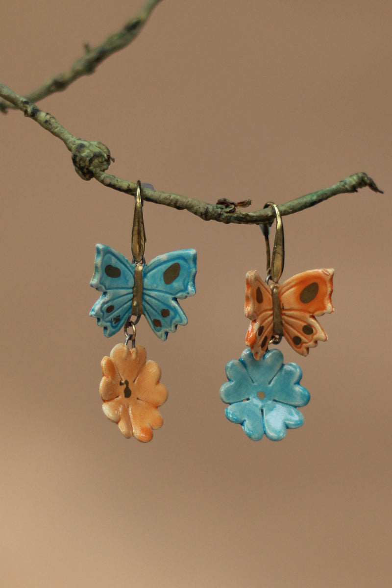 Sadhvi | Ceramic  Flower & Butterfly Earrings | Blue & Orange