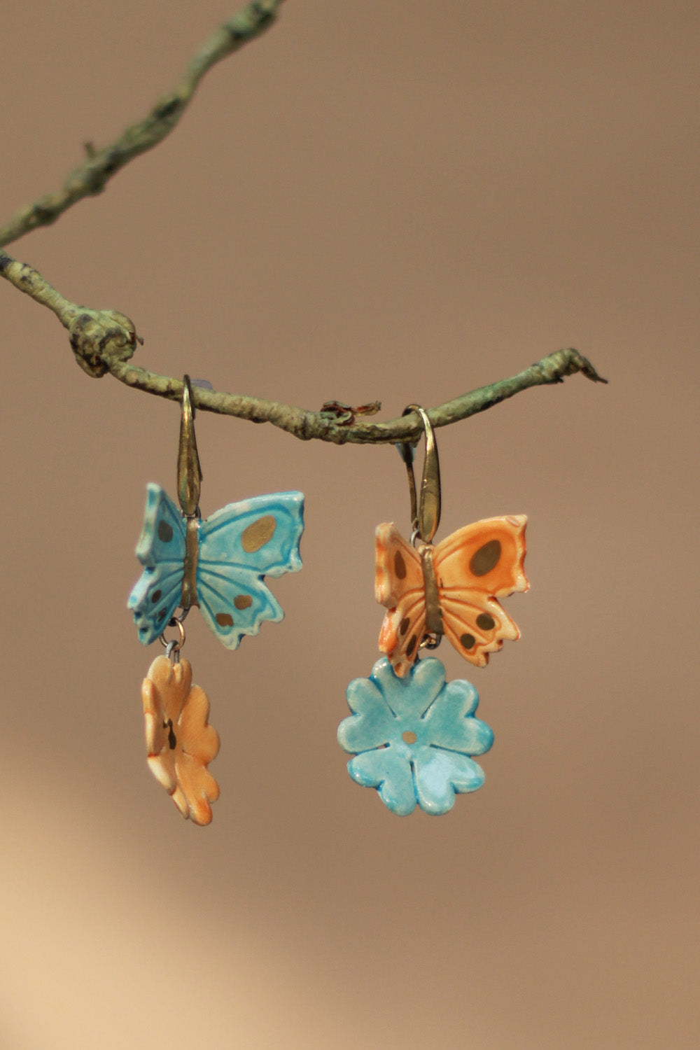 Sadhvi | Ceramic  Flower & Butterfly Earrings | Blue & Orange
