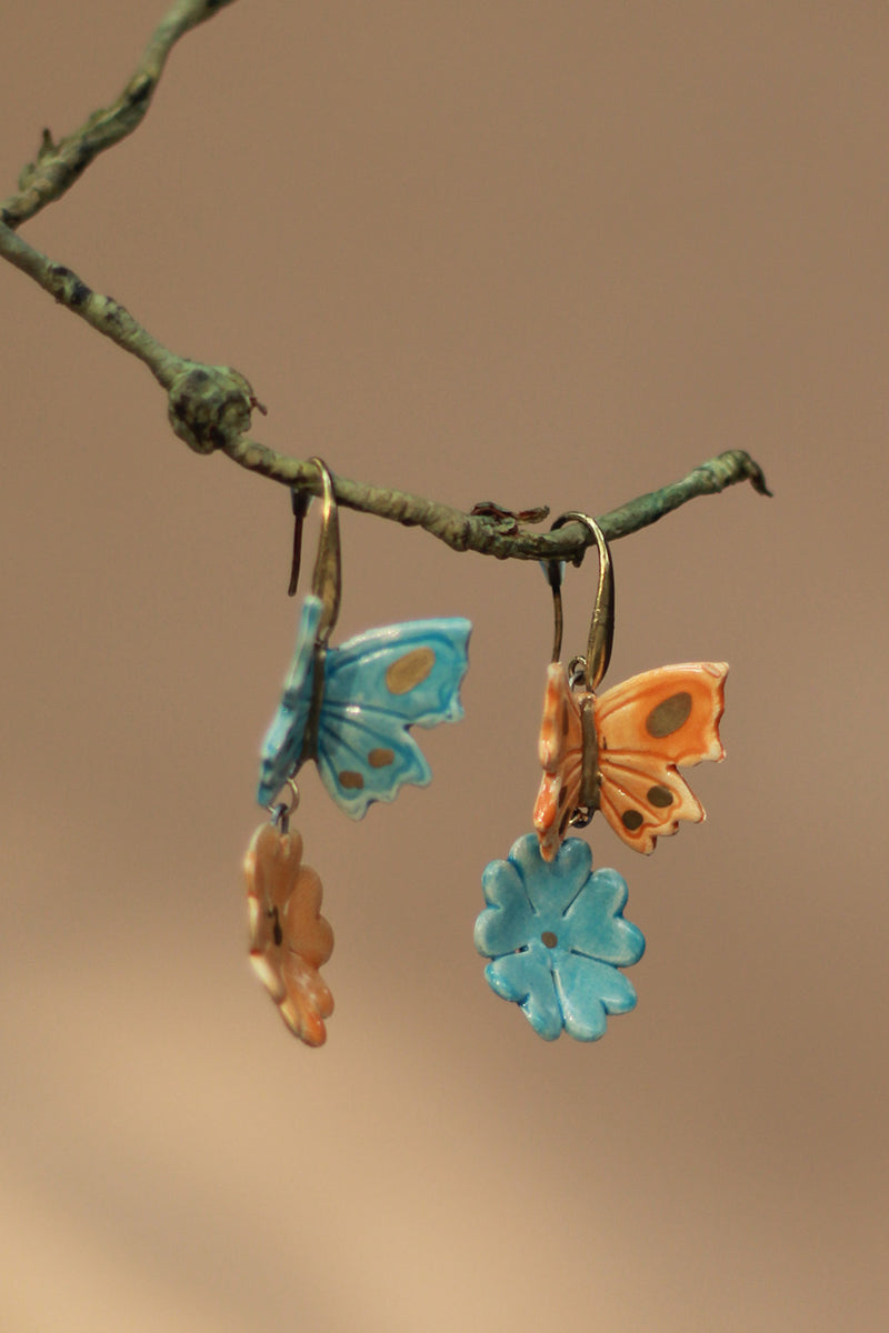 Sadhvi | Ceramic  Flower & Butterfly Earrings | Blue & Orange