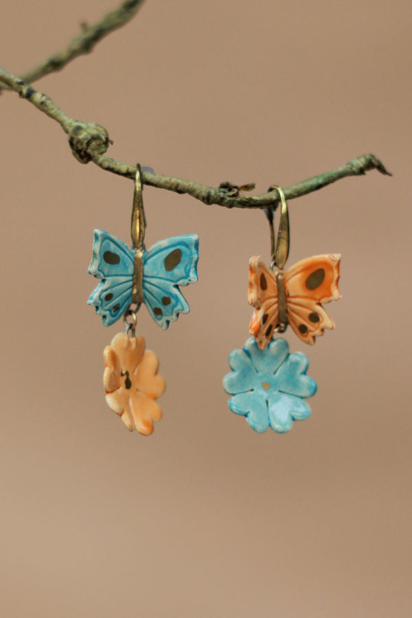 Sadhvi | Ceramic  Flower & Butterfly Earrings | Blue & Orange