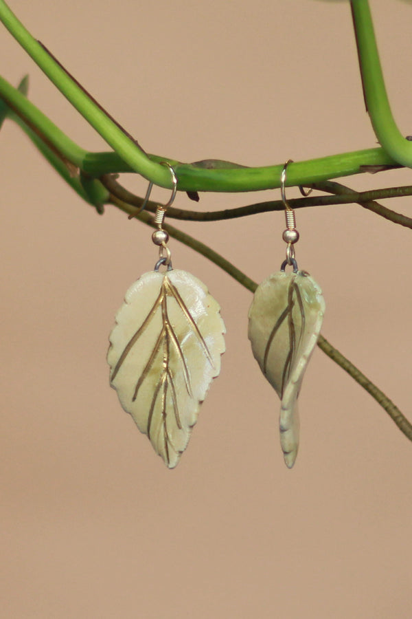Sadhvi | Ceramic Leaf Earrings  | Green with tinge of gold