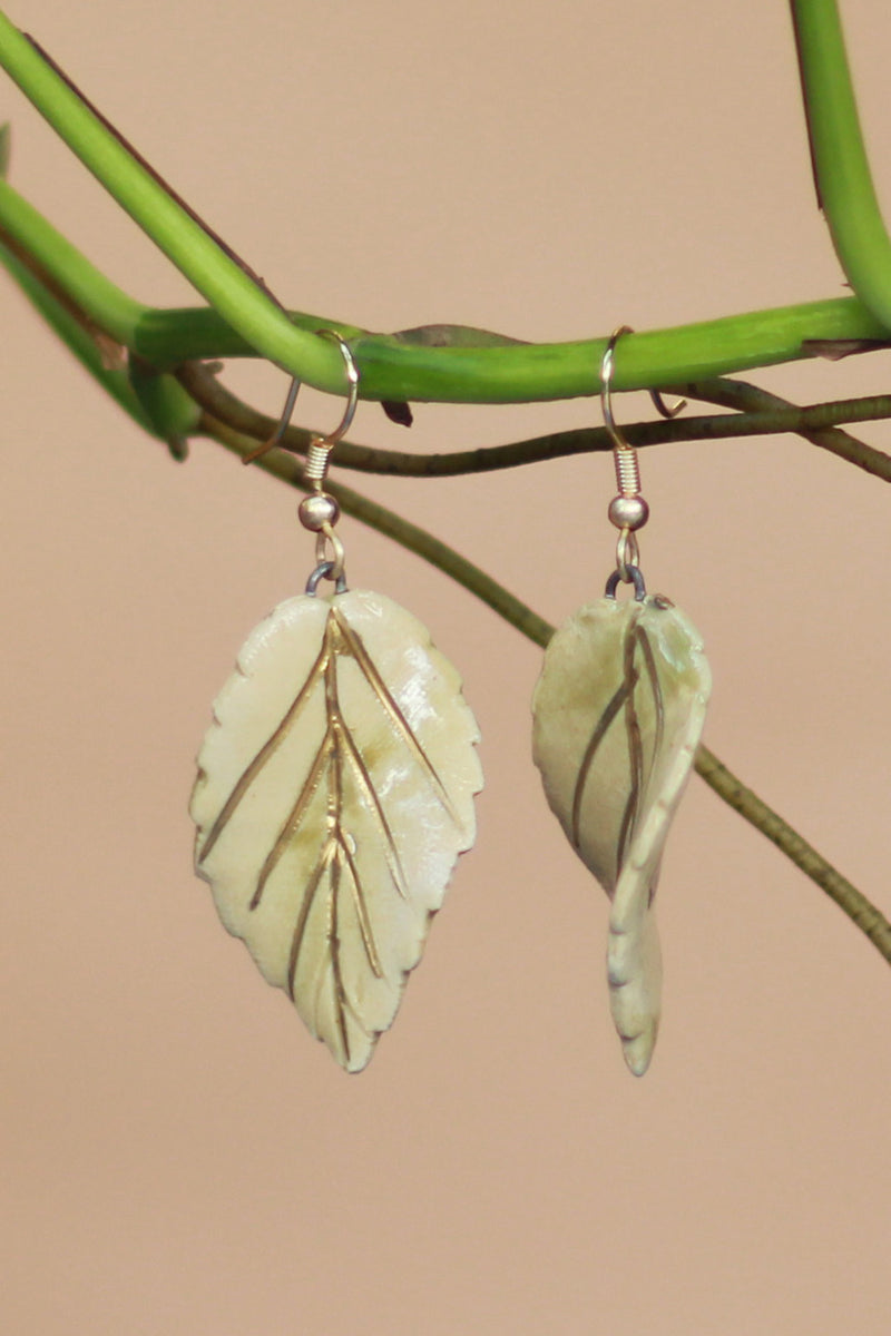 Sadhvi | Ceramic Leaf Earrings  | Green with tinge of gold