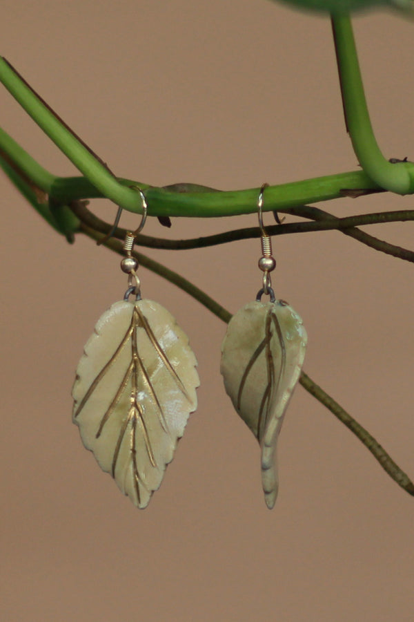 Sadhvi | Ceramic Leaf Earrings  | Green with tinge of gold