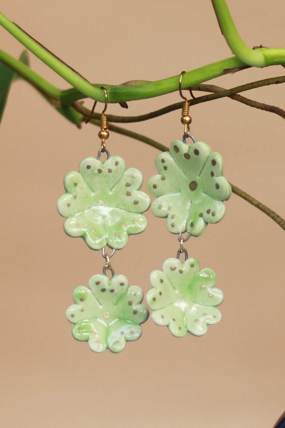 Sadhvi | Ceramic Double Flower Earrings | Pale Green