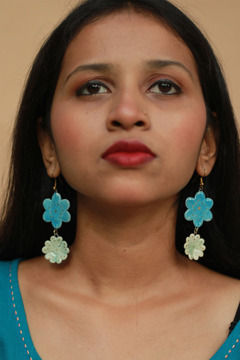 Sadhvi | Ceramic Double Flower Earrings | Azure & Mint