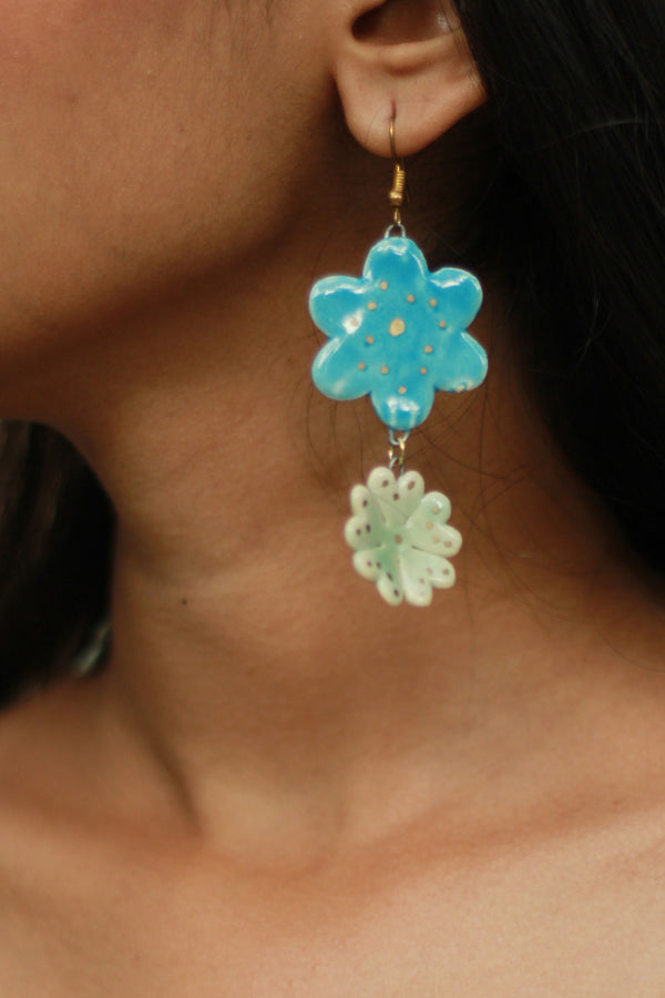 Sadhvi | Ceramic Double Flower Earrings | Azure & Mint