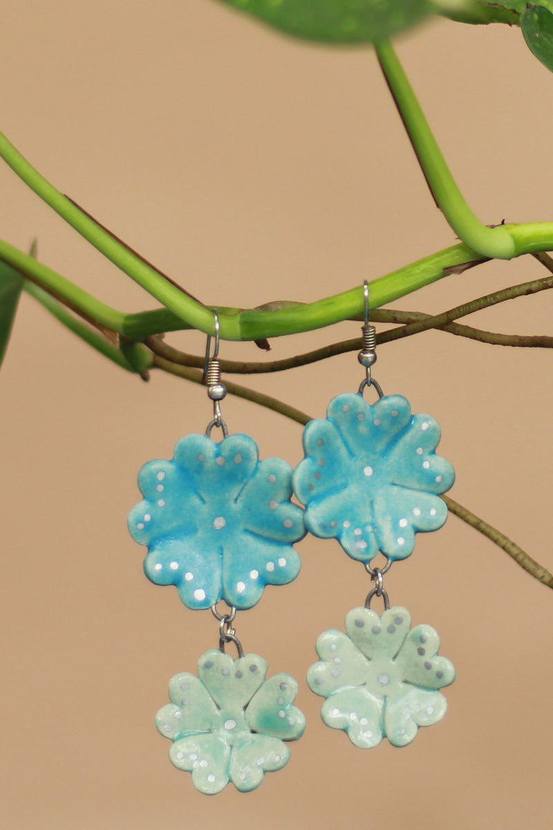 Sadhvi | Ceramic Double Flower Earrings | Azure & Mint