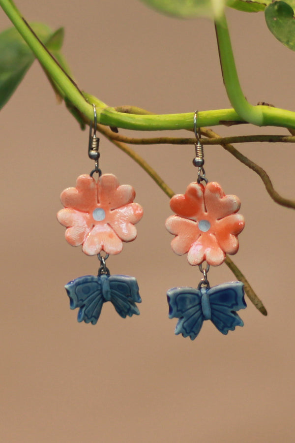 Sadhvi | Ceramic Flower & Butterfly Earrings| Orange & Indigo