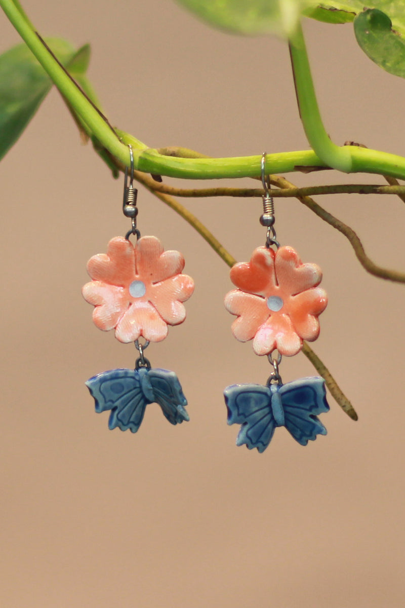 Sadhvi | Ceramic Flower & Butterfly Earrings| Orange & Indigo