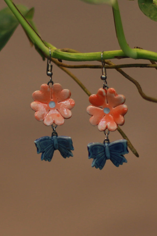 Sadhvi | Ceramic Flower & Butterfly Earrings| Orange & Indigo
