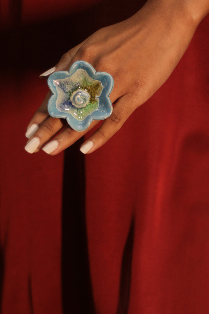 Sadhvi | Ceramic Floral Ring | Teal