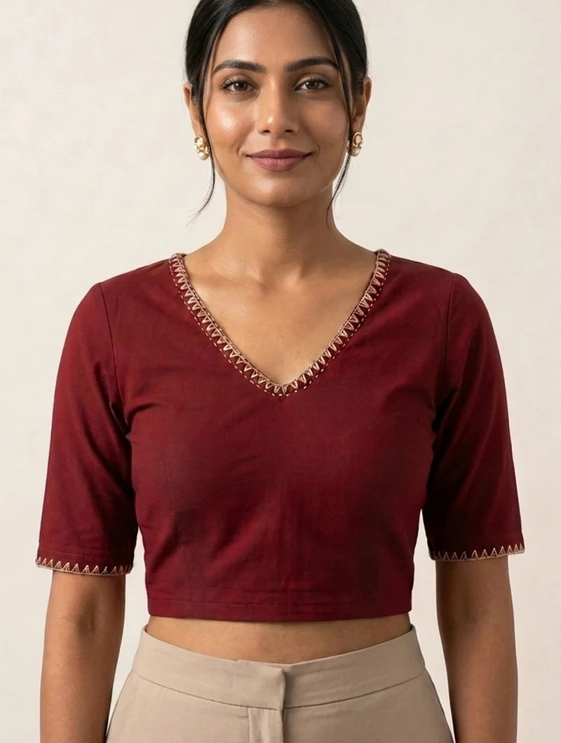 Kirgiti | Stretchable Blouse / Crop Top | Maroon with Embroidery
