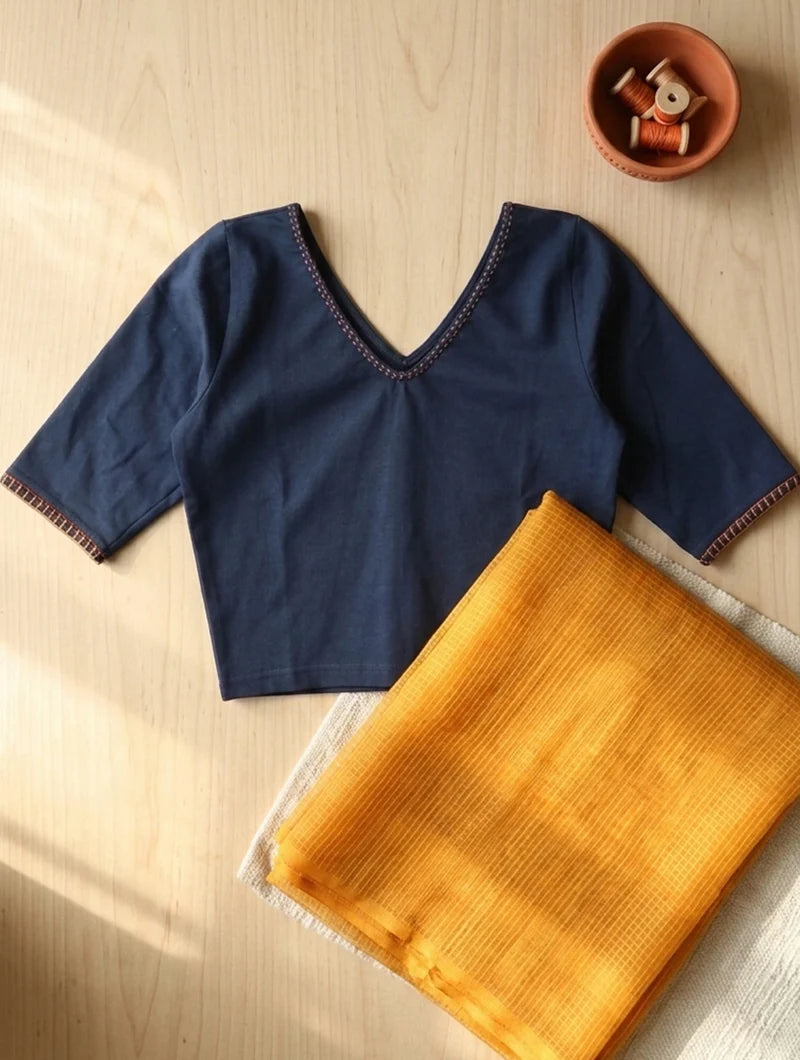 Kirgiti | Stretchable Blouse / Crop Top | Blue Embroidered with Sleeves