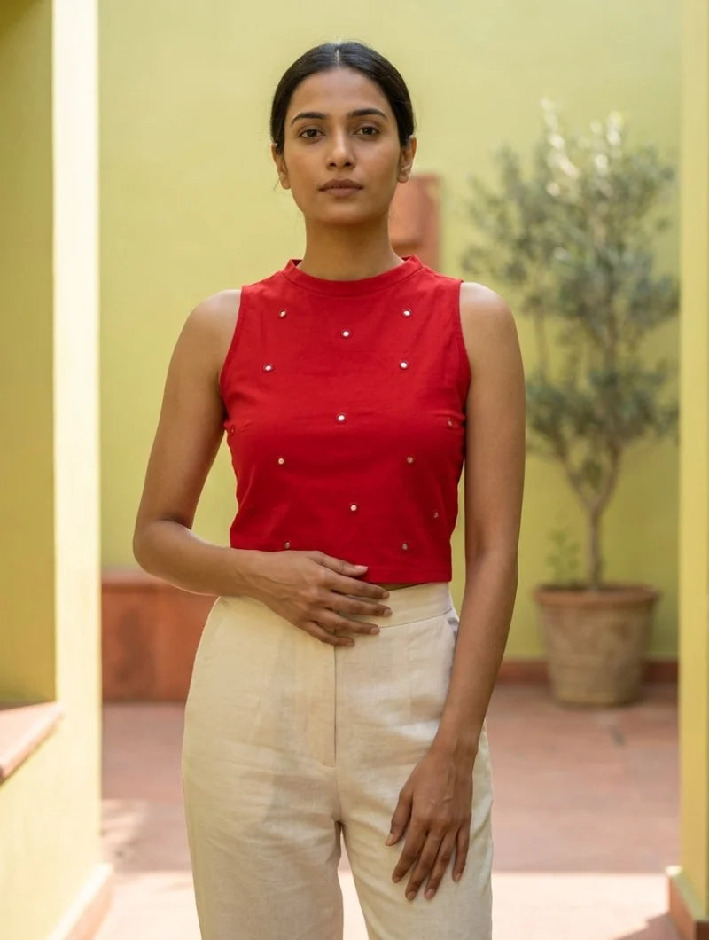 Kirgiti | Stretchable Blouse / Crop Top | Red with Mirrorwork