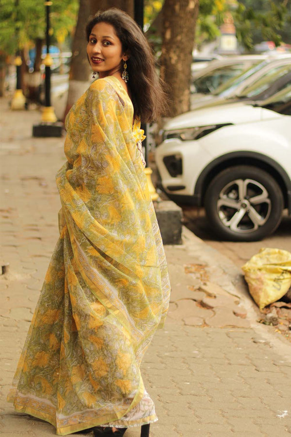 Kota Doria Block Printed Saree