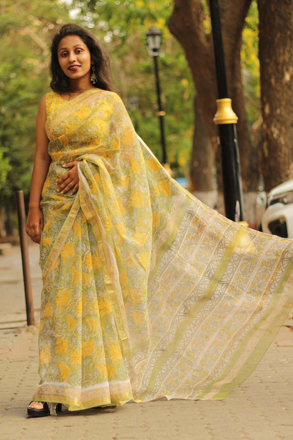 Kota Doria Block Printed Saree
