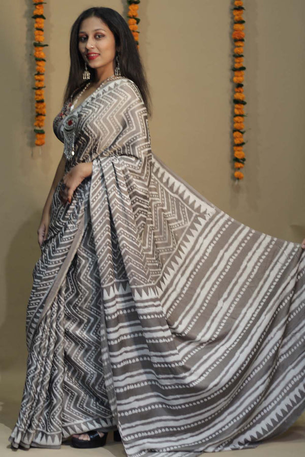 Kashish | Modal Silk Saree | Silver Chevron