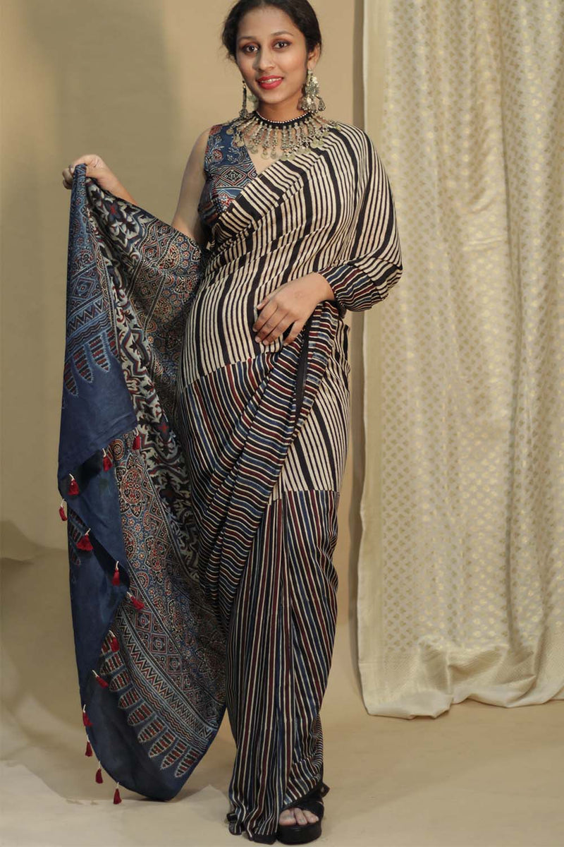 Cotton Silk Saree | Striped Ajrakh